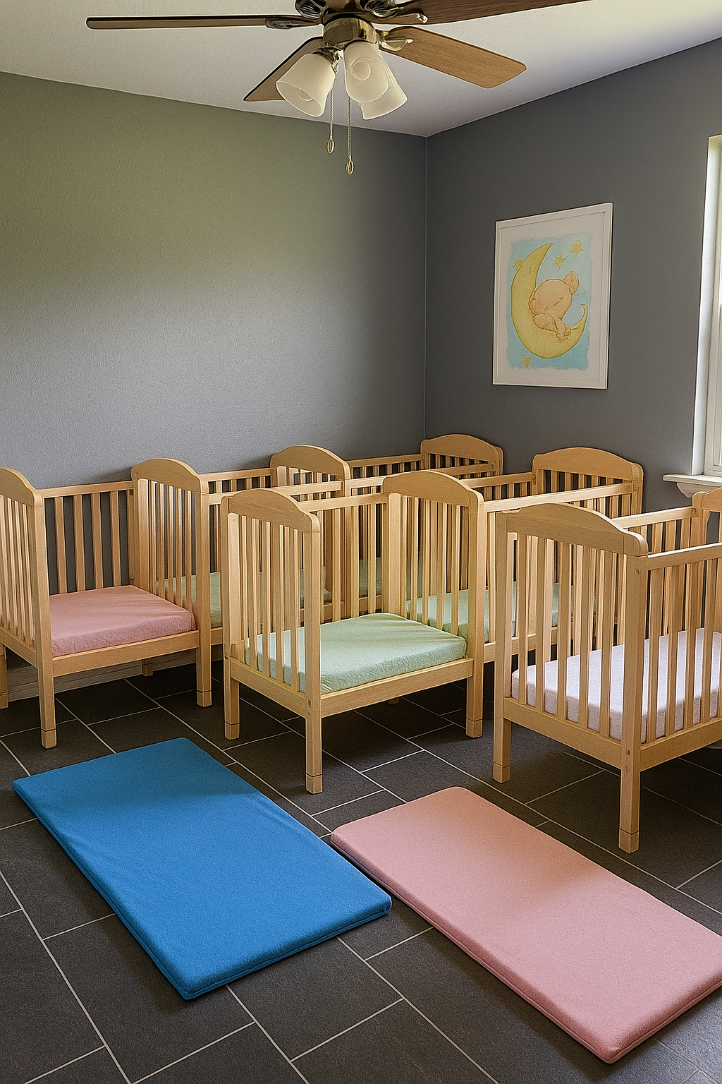 Bright Nursery with Wooden Cribs